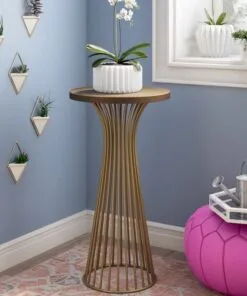 Frida Bronz Tek Raflı Ahşap Çiçeklik 76 cm Yuvarlak Sehpa