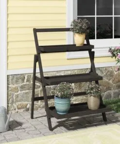 Lukka Ahşap Merdiven Çiçeklik 3 Raflı 90 cm Koyu Gri