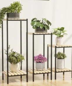Artio Çam Çiçeklik 3 Raflı 90 cm Siyah-Naturel