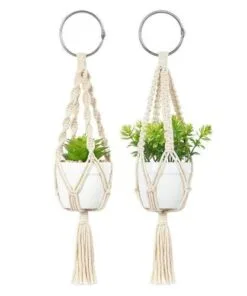 Bookenzo Beyaz Pamuk İpli 27 cm Metal Halkalı Kil Saksılı Makrome Saksılık