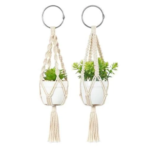 Bookenzo Beyaz Pamuk İpli 27 cm Metal Halkalı Kil Saksılı Makrome Saksılık
