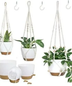 Costa 3lü Beyaz Plastik Saksılı 86 65 51 cm Pamuk Makrome Saksılık