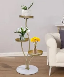 Delphine Metal Çiçeklik 3 Raflı 75 cm Beyaz Altın