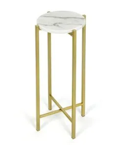 Linetta Beyaz Metal Mermer Desenli Çiçeklik Sehpa 58 cm