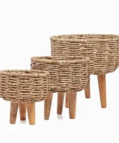 Maya Hasır Saksı 3lü Set 26 cm Natürel