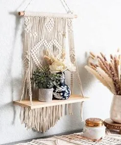 Modenza 1 Raflı Doğal Ahşap Pamuk İpli 71×43 Makrome Saksılık