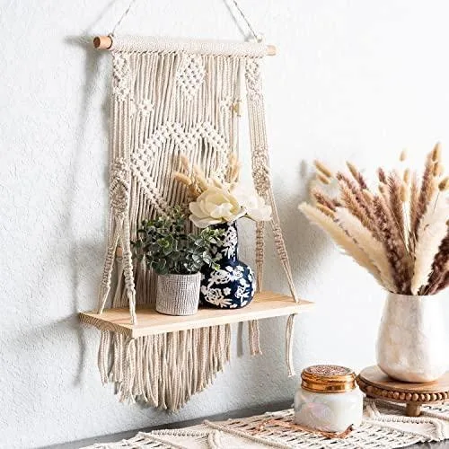 Modenza 1 Raflı Doğal Ahşap Pamuk İpli 71×43 Makrome Saksılık
