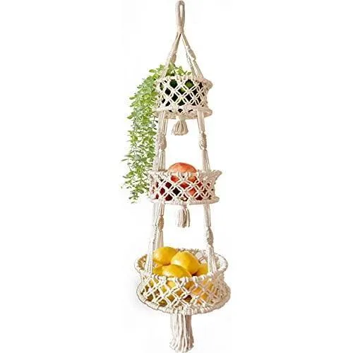 Serafino 3 Katlı 107 cm Bej Pamuk Makrome Saksılık