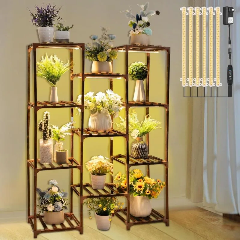 Simone Ahşap Çiçeklik 11 Raflı LED Aydınlatmalı 117 cm