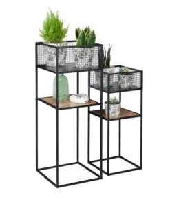 Riva Siyah Metal-Ahşap Çiçeklik 2 Raflı 80 cm