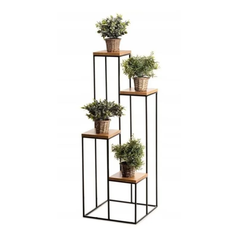 Wardio 4 Raflı Metal MDF Çiçeklik 110 cm Siyah Meşe
