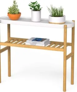 Poppy Bambu Çiçeklik 2 Katlı Beyaz Raflı  70 cm